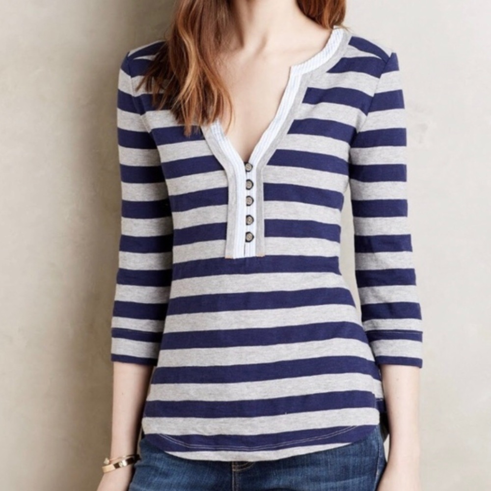 Anthropologie Little Yellow Button Striped Henley